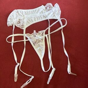 Ladies White Lace Garter Belt with Matching Lace Thong Panty